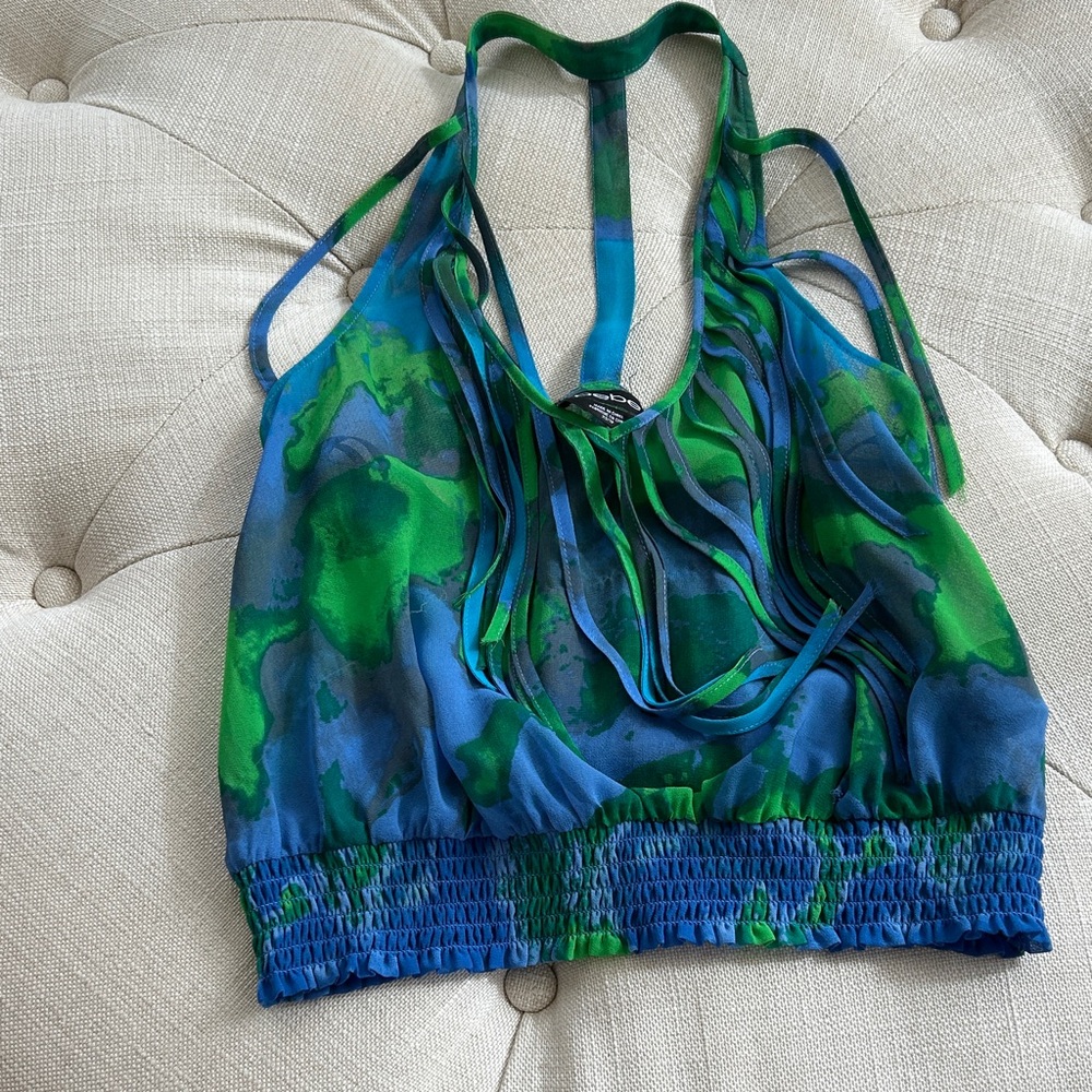 Bebe Vibrant Blue and Green Fringe Top